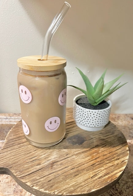 Happy Face Glass Can with Straw and Lid