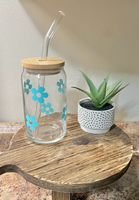 Blue retro flower 16oz beer glass can