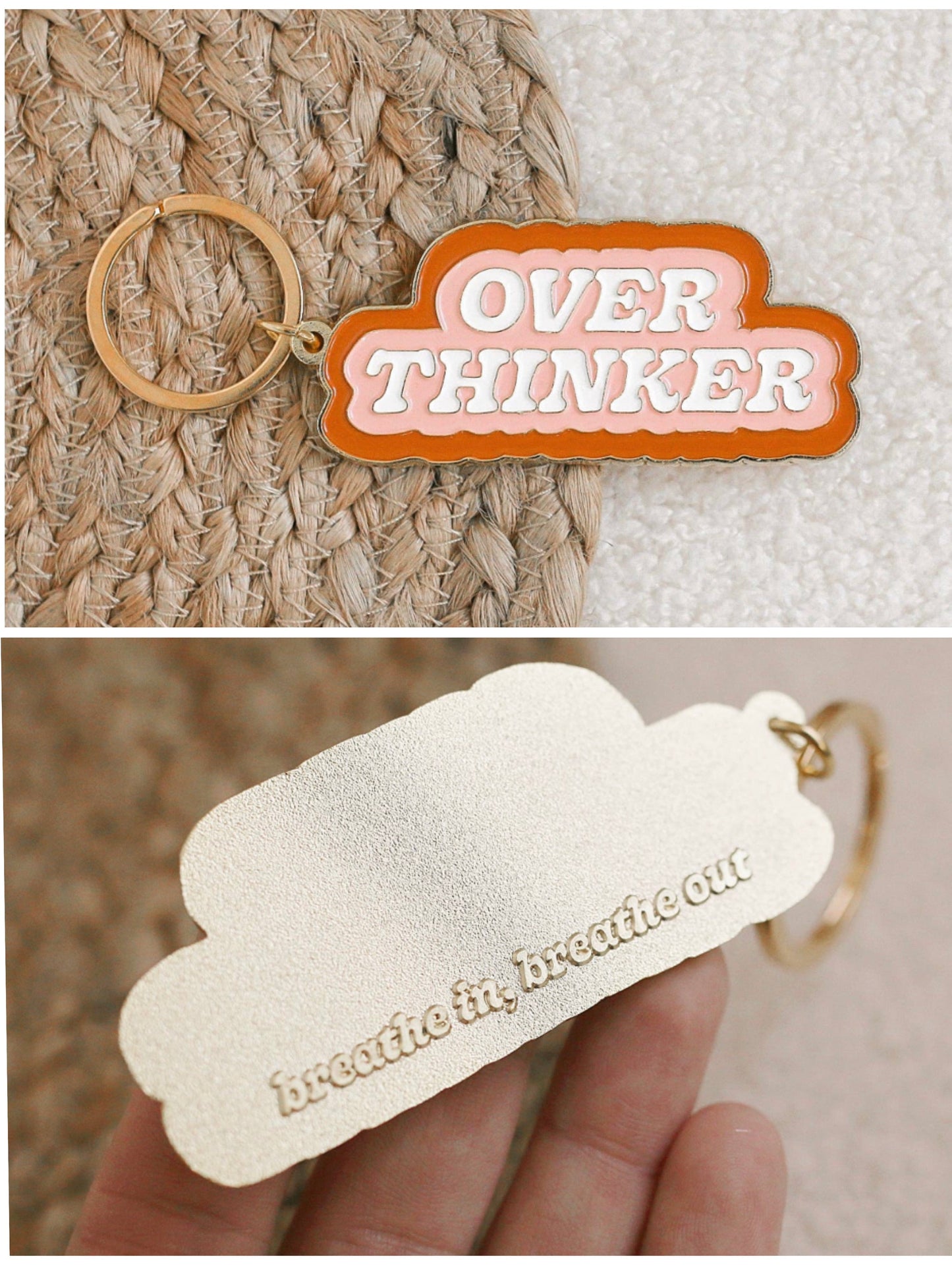 Over thinker “breathe in, breathe out” gold keychain